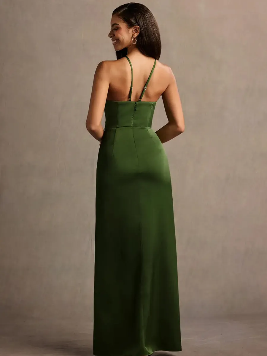 2025 Romantic Boho Satin Olive Green Sleeveless Maxi Bridesmaid Dress