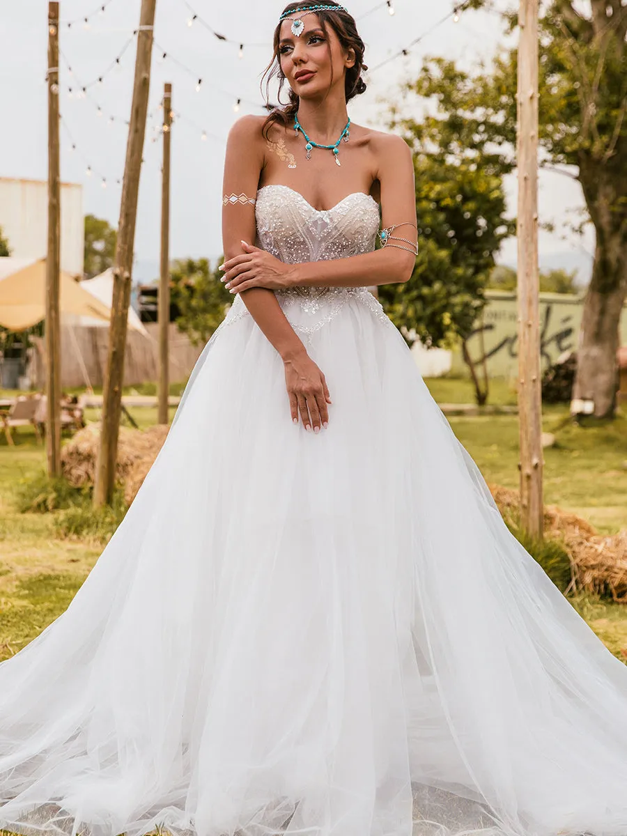 A Line Wedding Dresses Sweetheart Neckline Tulle Strapless