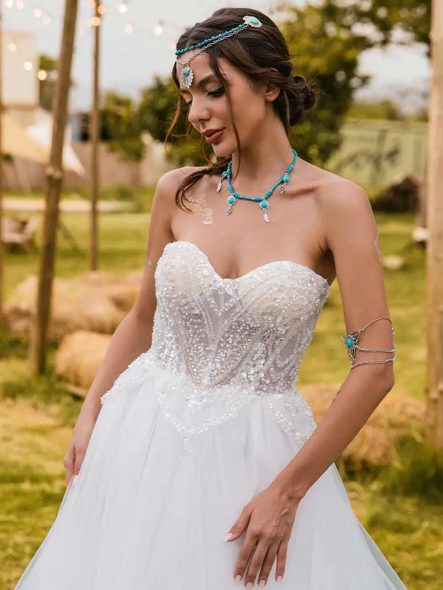 A Line Wedding Dresses Sweetheart Neckline Tulle Strapless
