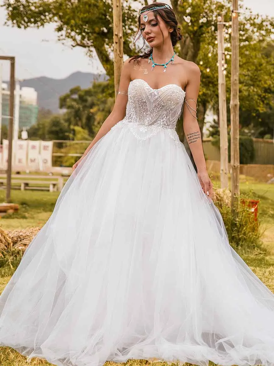 A Line Wedding Dresses Sweetheart Neckline Tulle Strapless