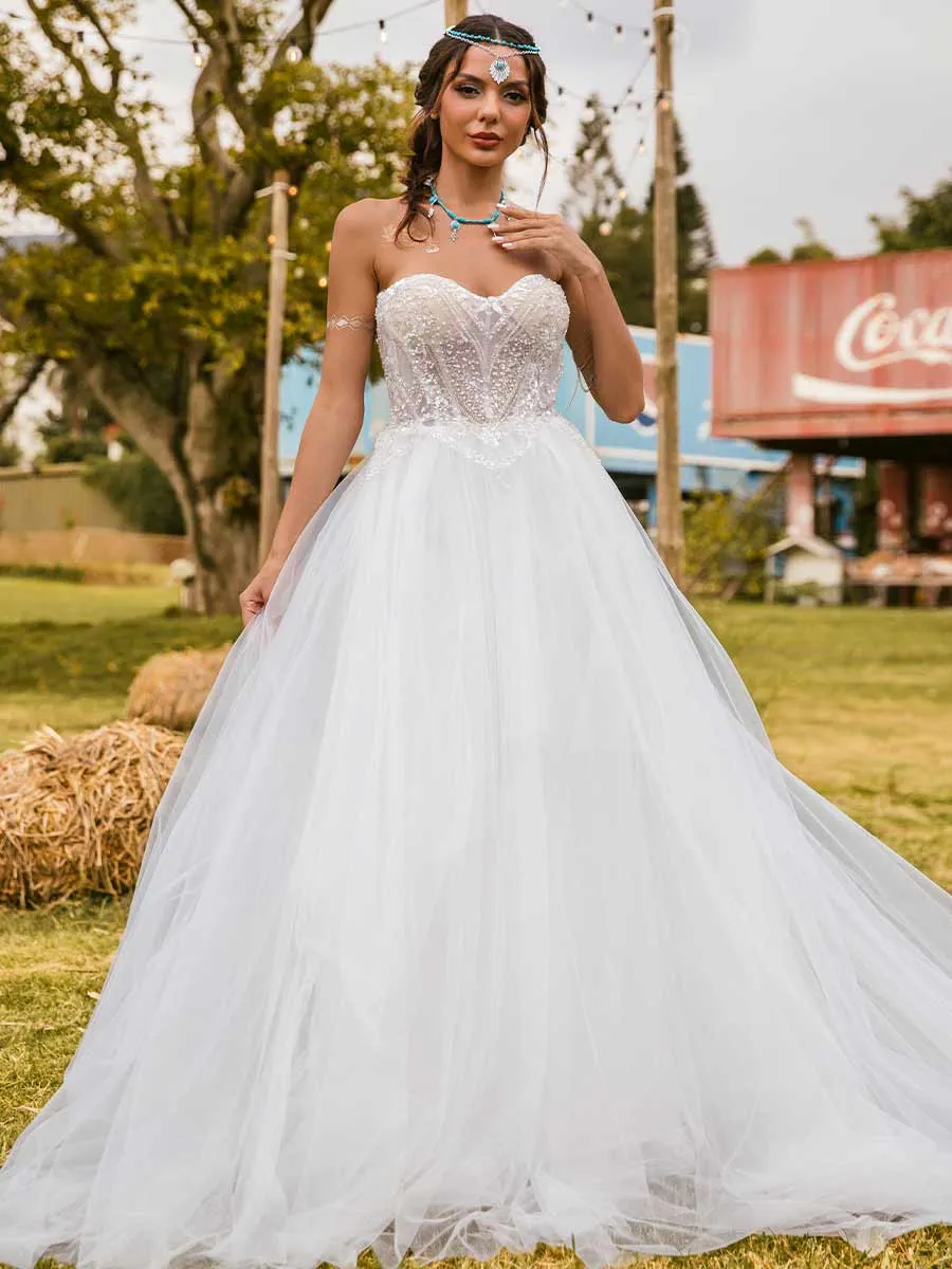 A Line Wedding Dresses Sweetheart Neckline Tulle Strapless