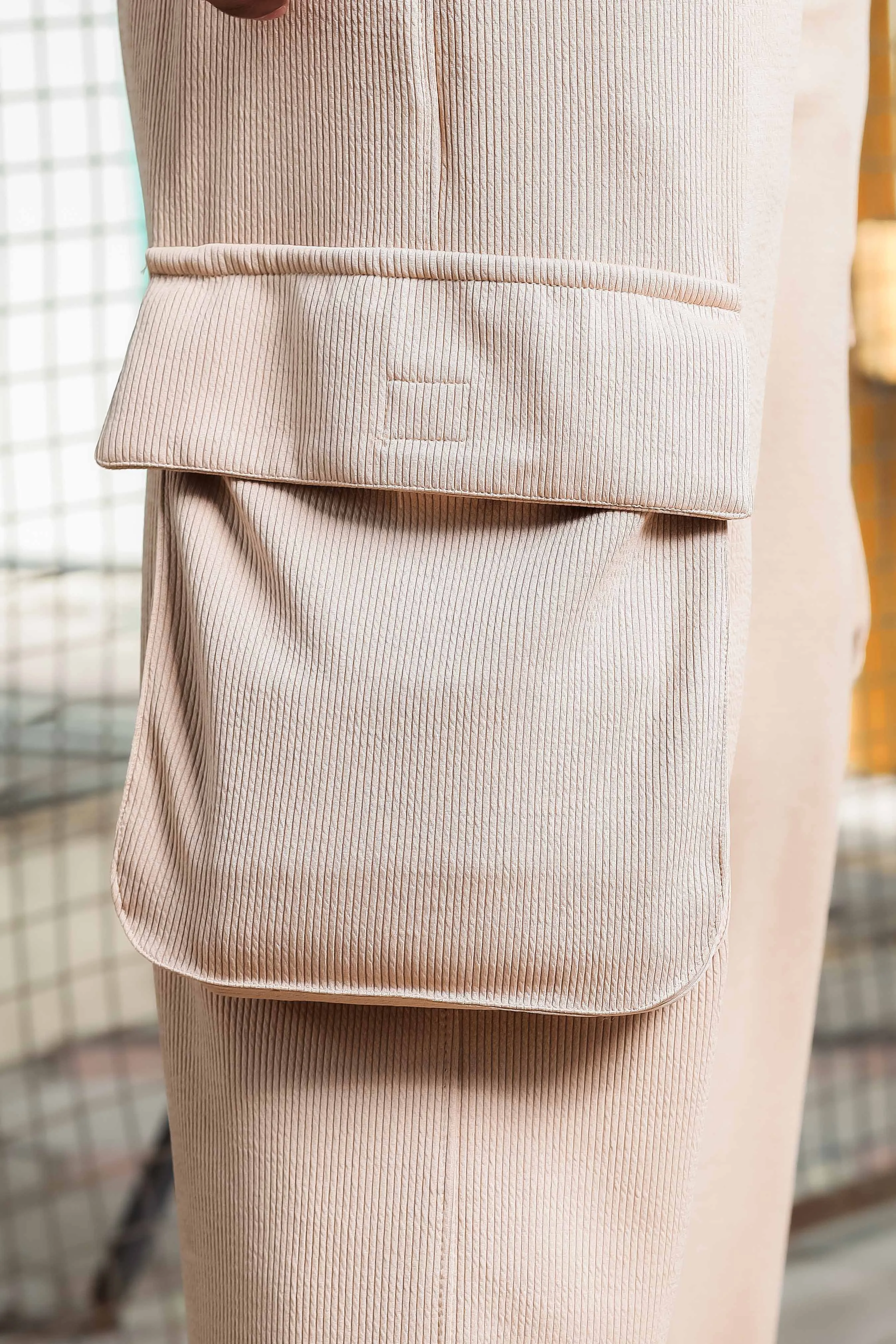 Beige Ribbed Relaxed-Fit Mid-Rise Track Pant