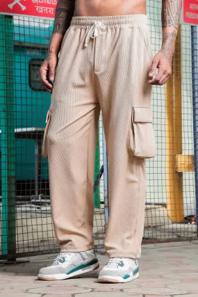 Beige Ribbed Relaxed-Fit Mid-Rise Track Pant