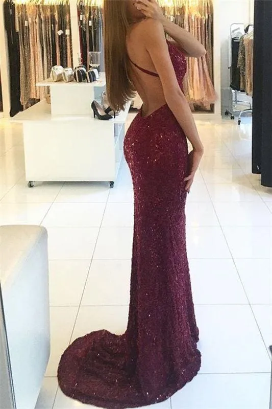 Bridelily Shiny Mermaid Burgundy Prom Dresses 2019 V-neck Straps Backless Sequined Formal Dress