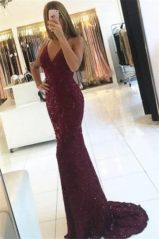 Bridelily Shiny Mermaid Burgundy Prom Dresses 2019 V-neck Straps Backless Sequined Formal Dress