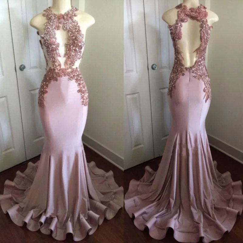Bridelily Shiny Pink Mermaid Prom Dresses | Appliques Open Back Evening Gowns