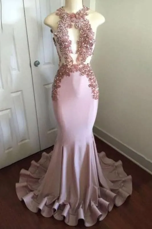 Bridelily Shiny Pink Mermaid Prom Dresses | Appliques Open Back Evening Gowns