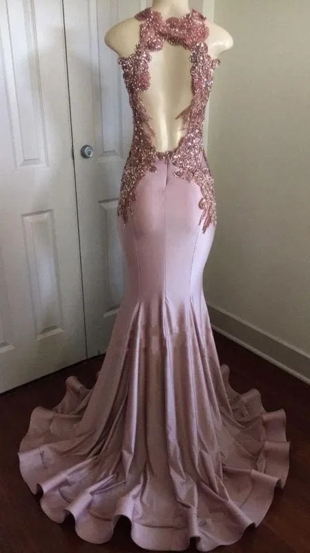 Bridelily Shiny Pink Mermaid Prom Dresses | Appliques Open Back Evening Gowns