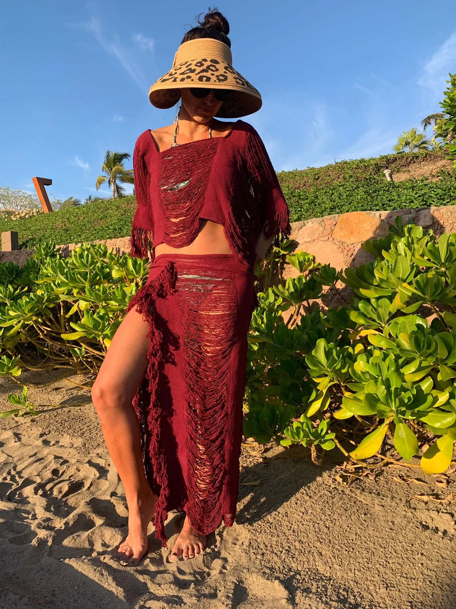 Burgundy Open Weave Sarong Set