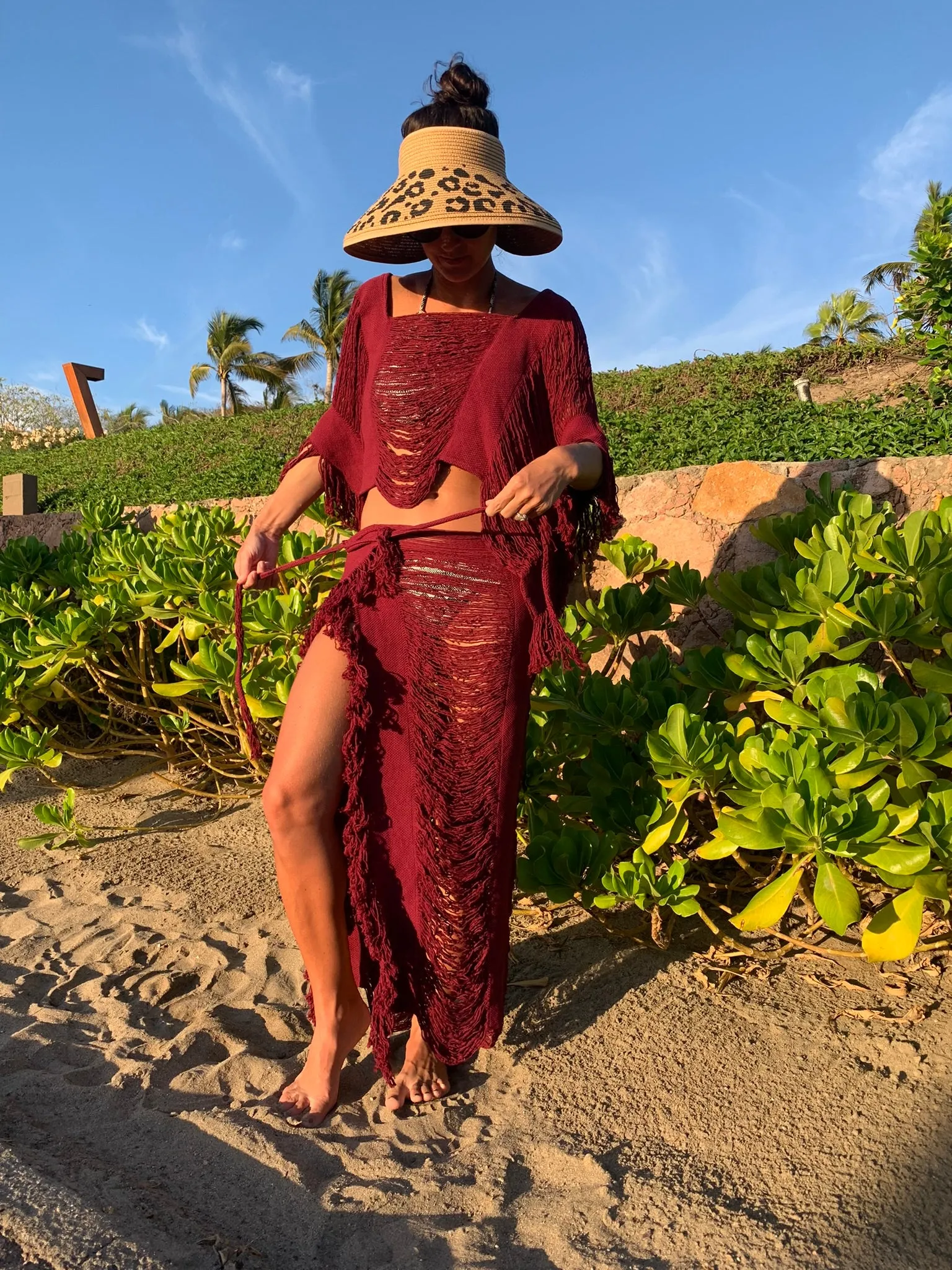 Burgundy Open Weave Sarong Set