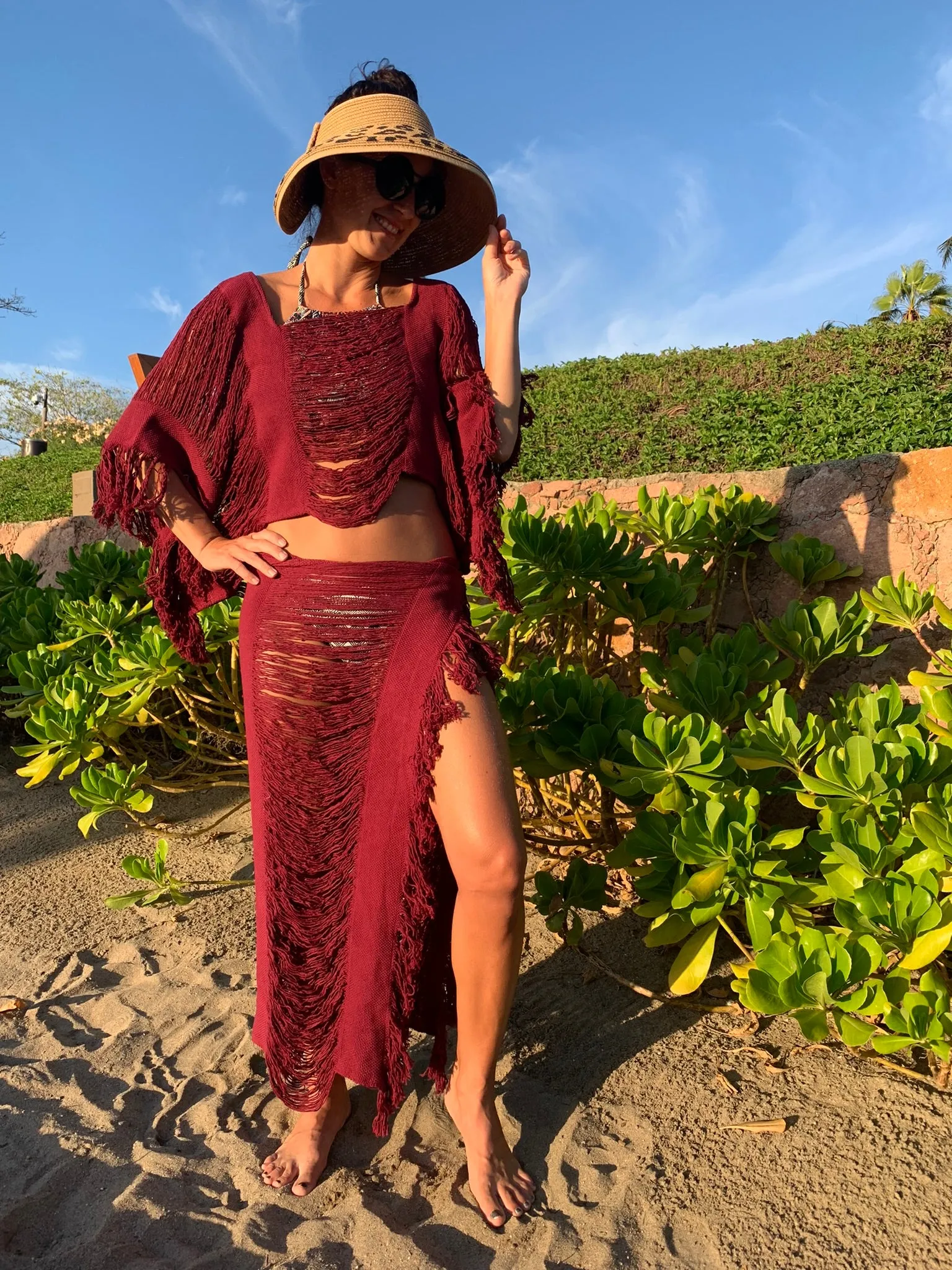 Burgundy Open Weave Sarong Set
