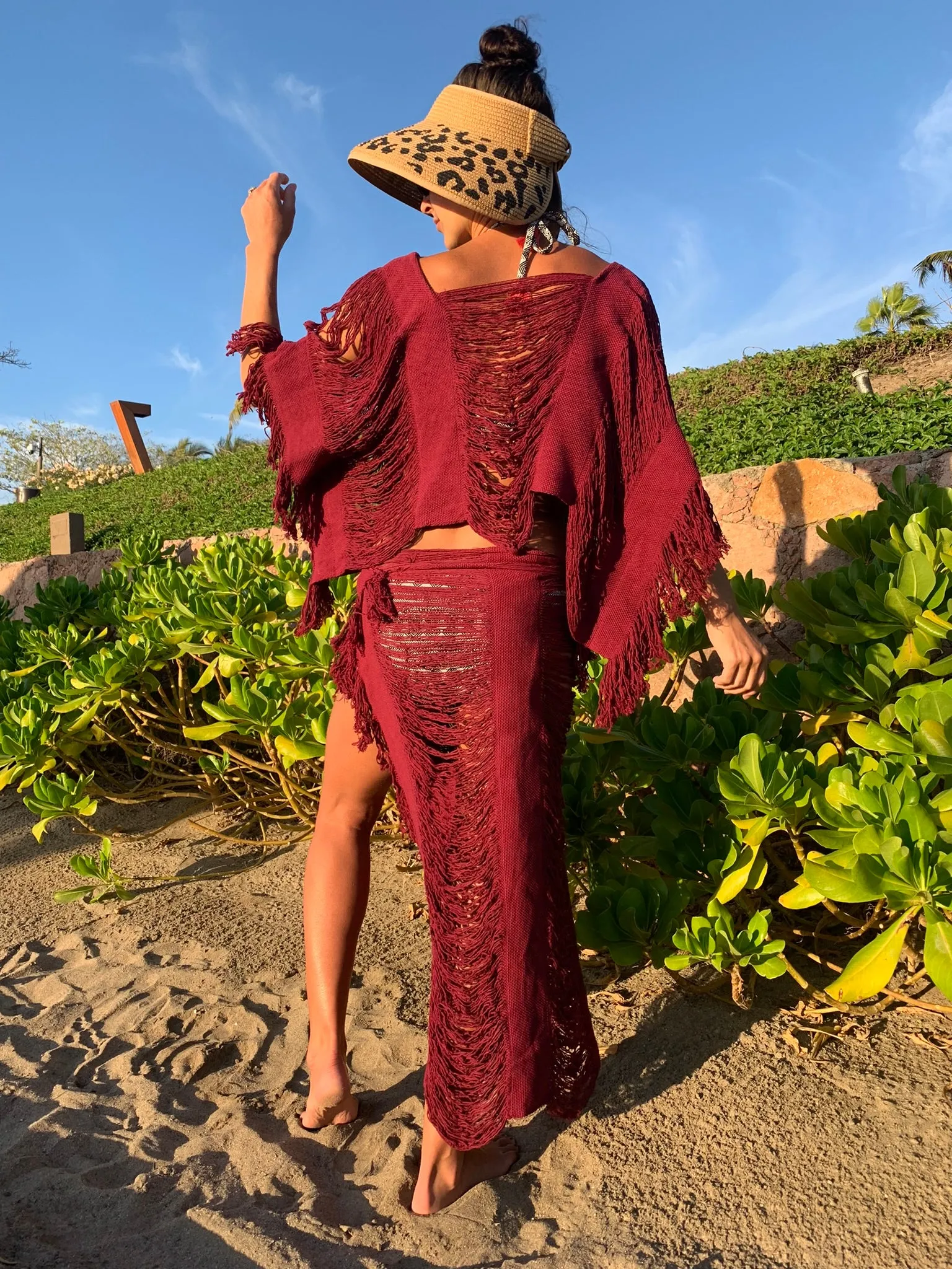 Burgundy Open Weave Sarong Set