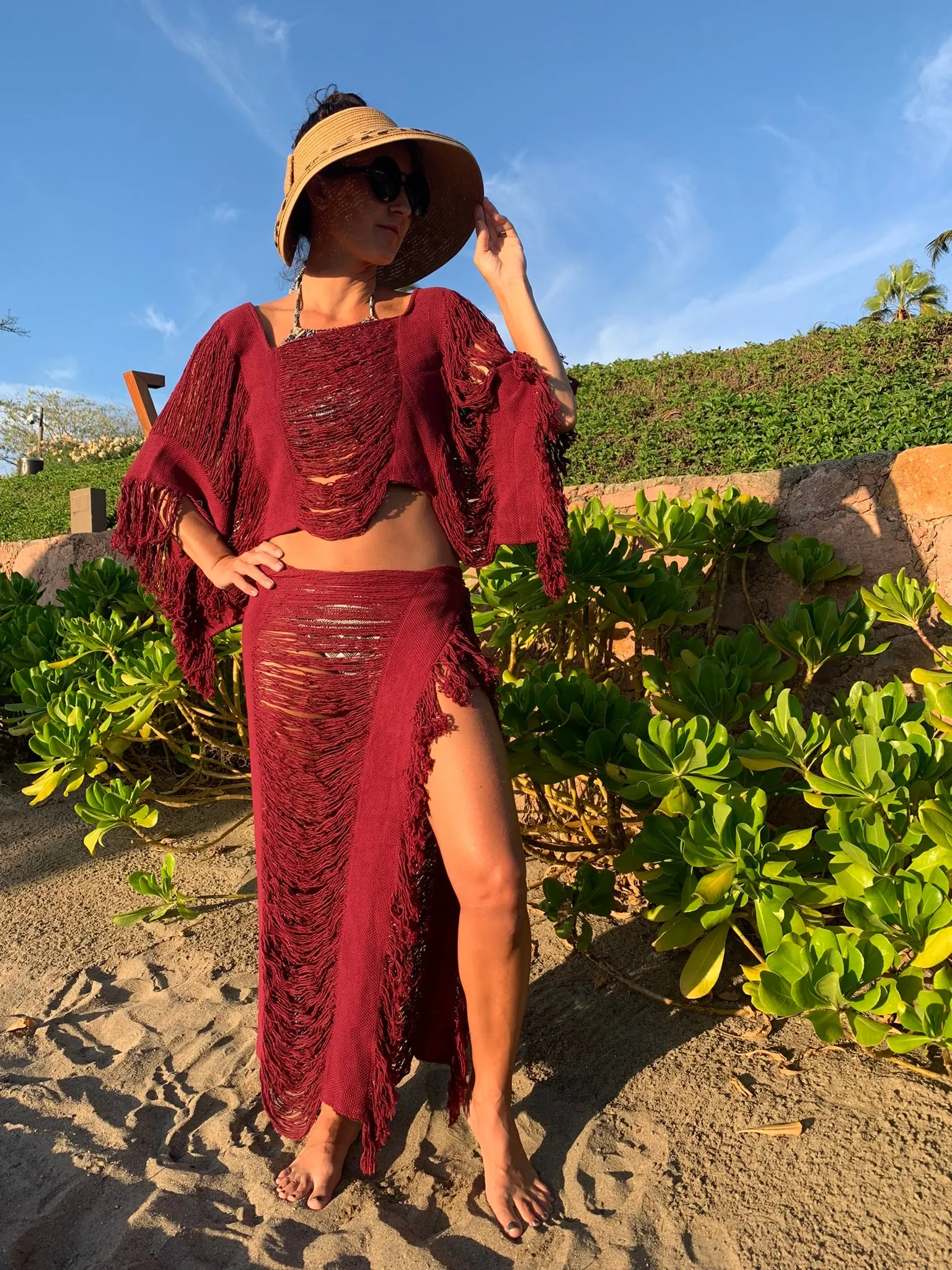 Burgundy Open Weave Sarong Set