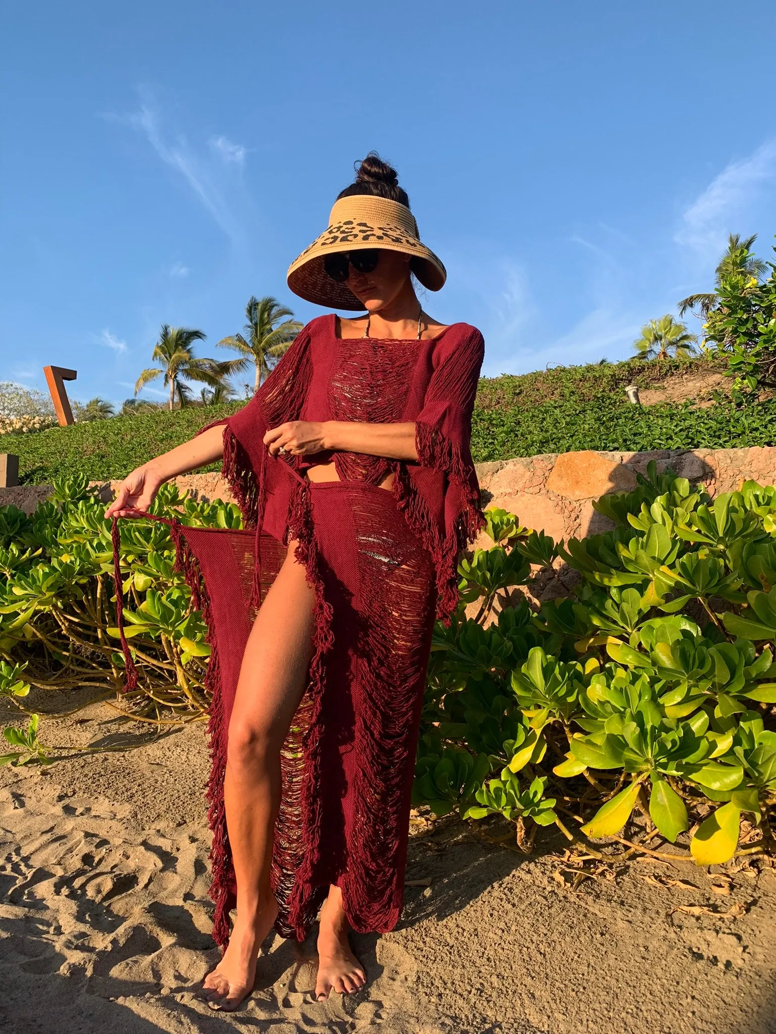 Burgundy Open Weave Sarong Set