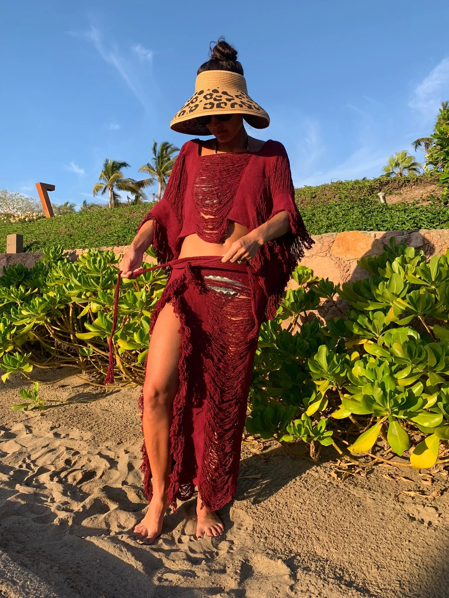 Burgundy Open Weave Sarong Set