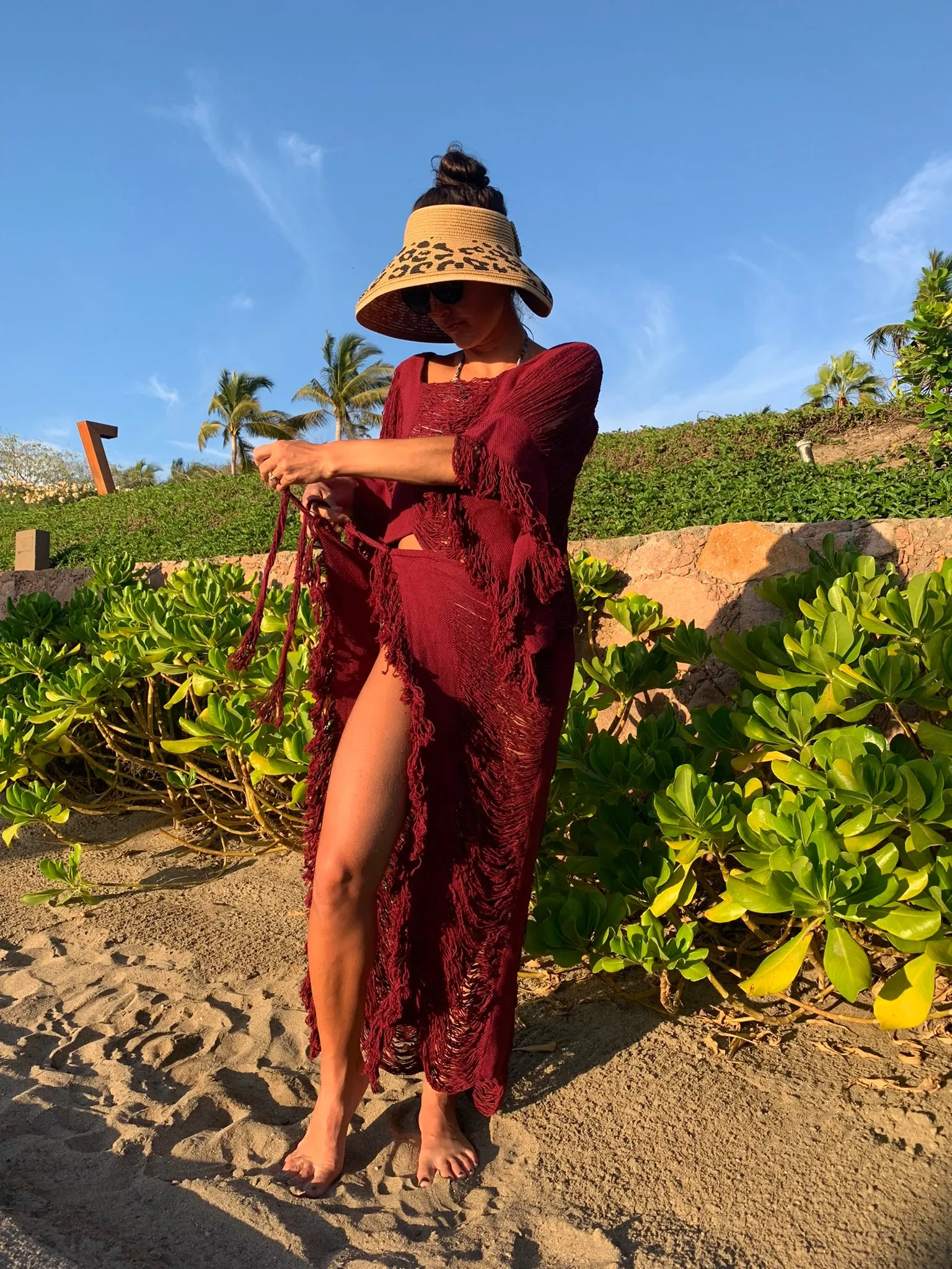 Burgundy Open Weave Sarong Set