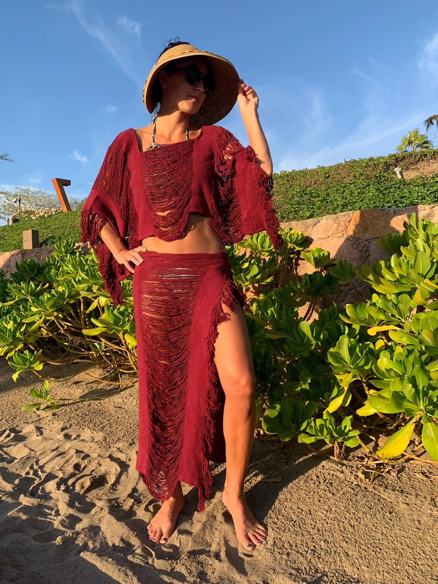 Burgundy Open Weave Sarong Set