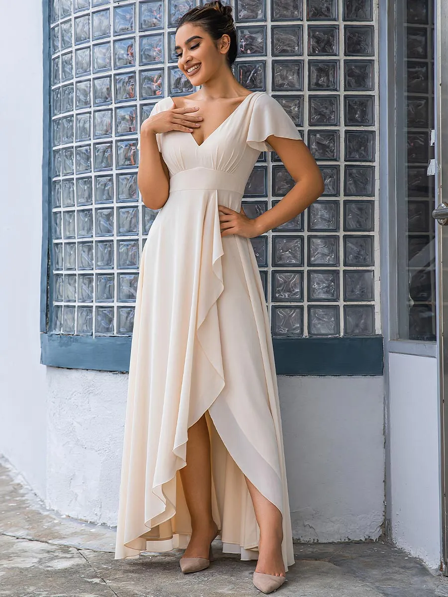 Chiffon V Neck Bridesmaid Dress Light Beige Ruffle