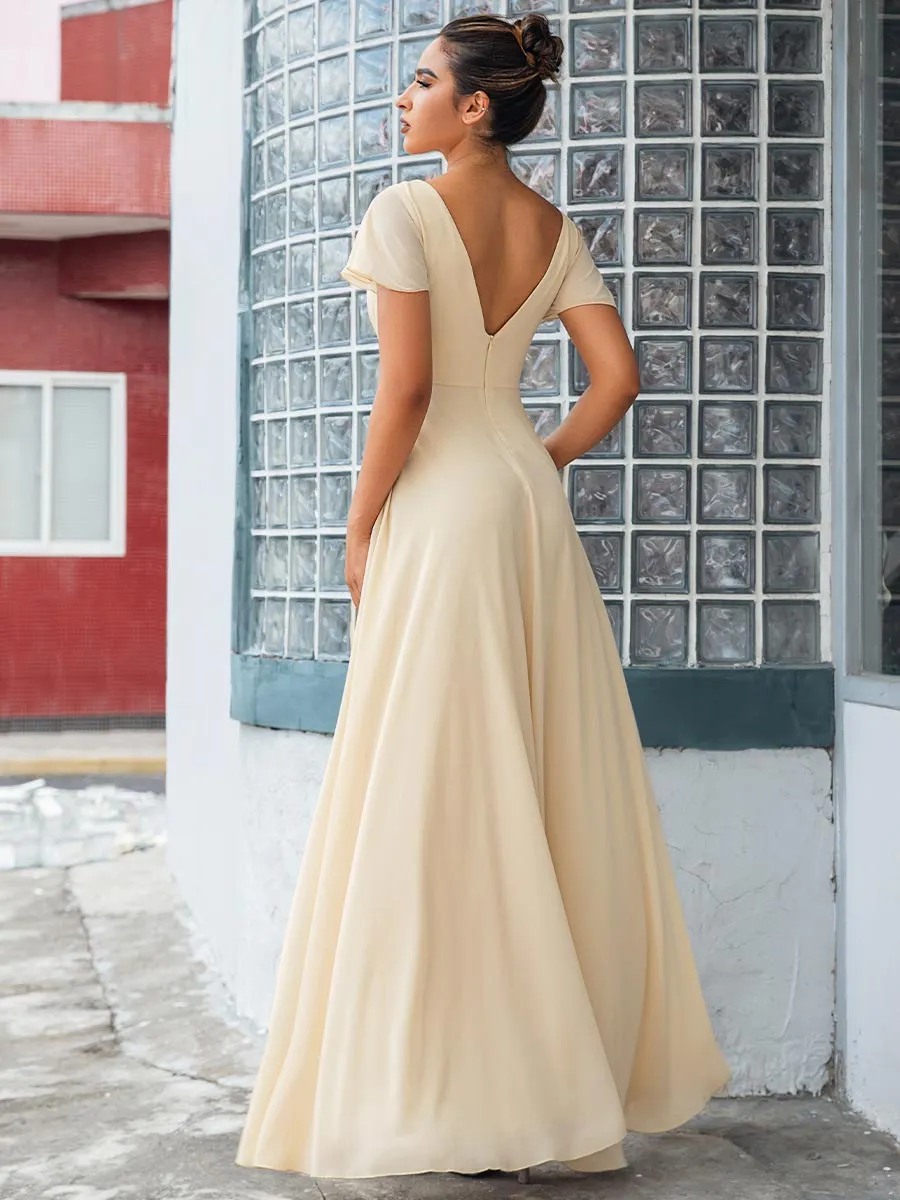 Chiffon V Neck Bridesmaid Dress Light Beige Ruffle