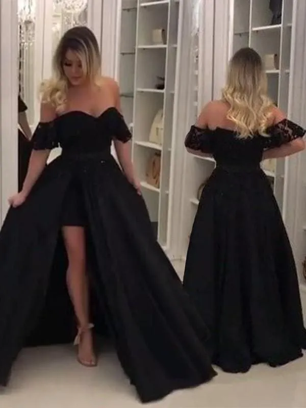 Gown Sleeveless Off-the-Shoulder Sweep/Brush Train Lace Satin Dresses