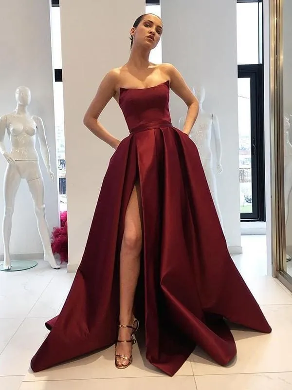 Gown Sleeveless Strapless Sweep/Brush Train With Ruffles Satin Dresses