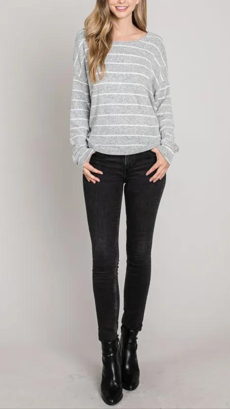 Grey and White Striped Twist-Back Long Sleeve Top