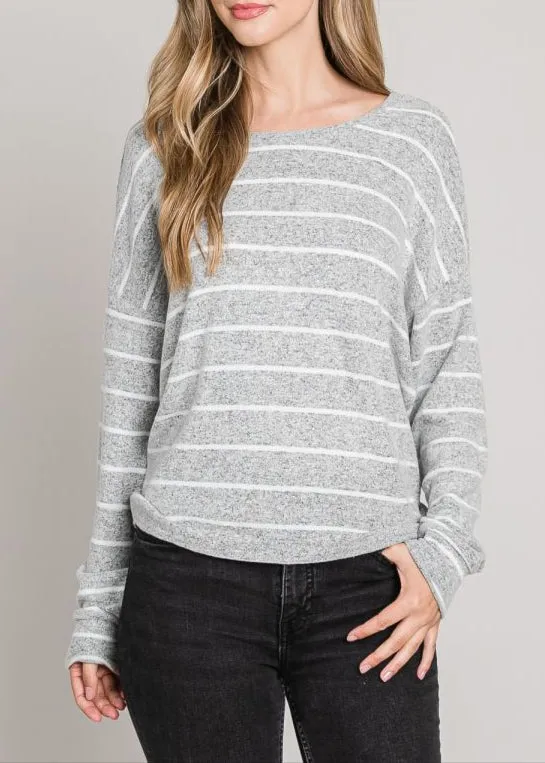Grey and White Striped Twist-Back Long Sleeve Top