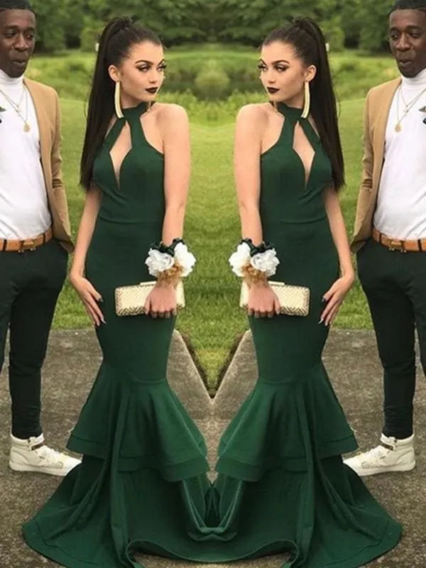 Halter Floor-Length Ruffles Mermaid Satin Prom Dresses