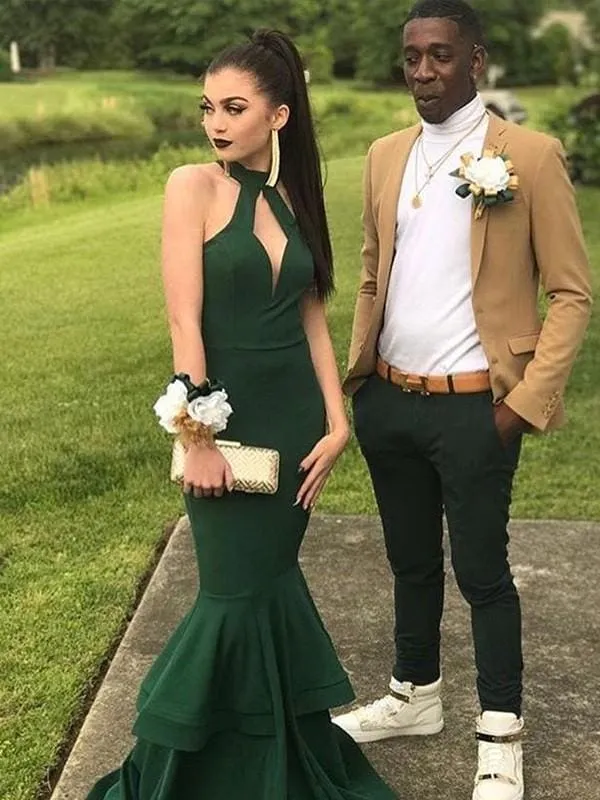 Halter Floor-Length Ruffles Mermaid Satin Prom Dresses