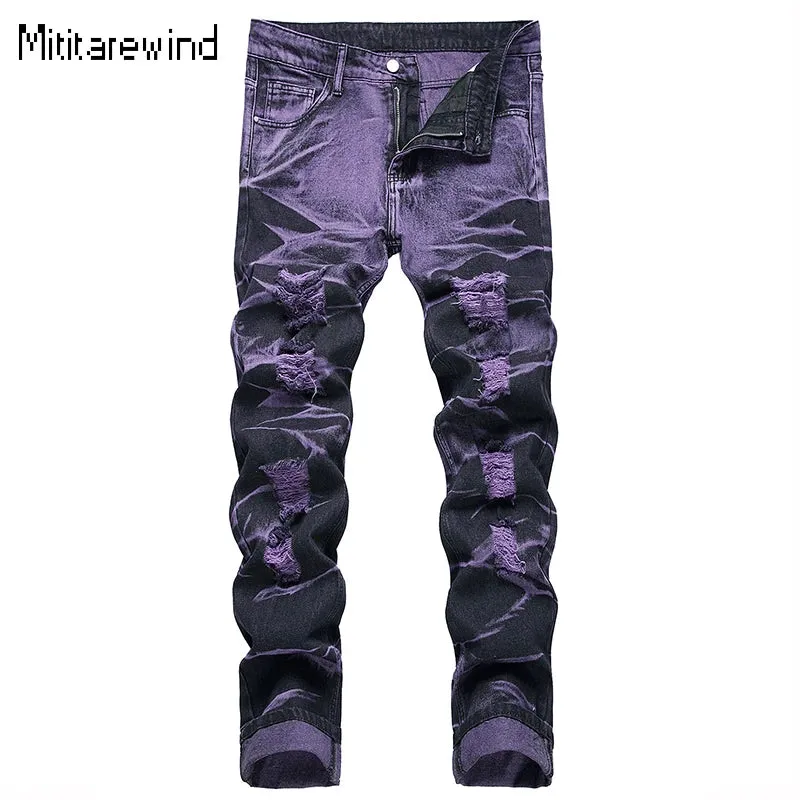 High Street Ripped Jeans for Men Four Seasons Casual Denim Pants Personalized Purple Black Straight Jeans Fashion Youth Trousers