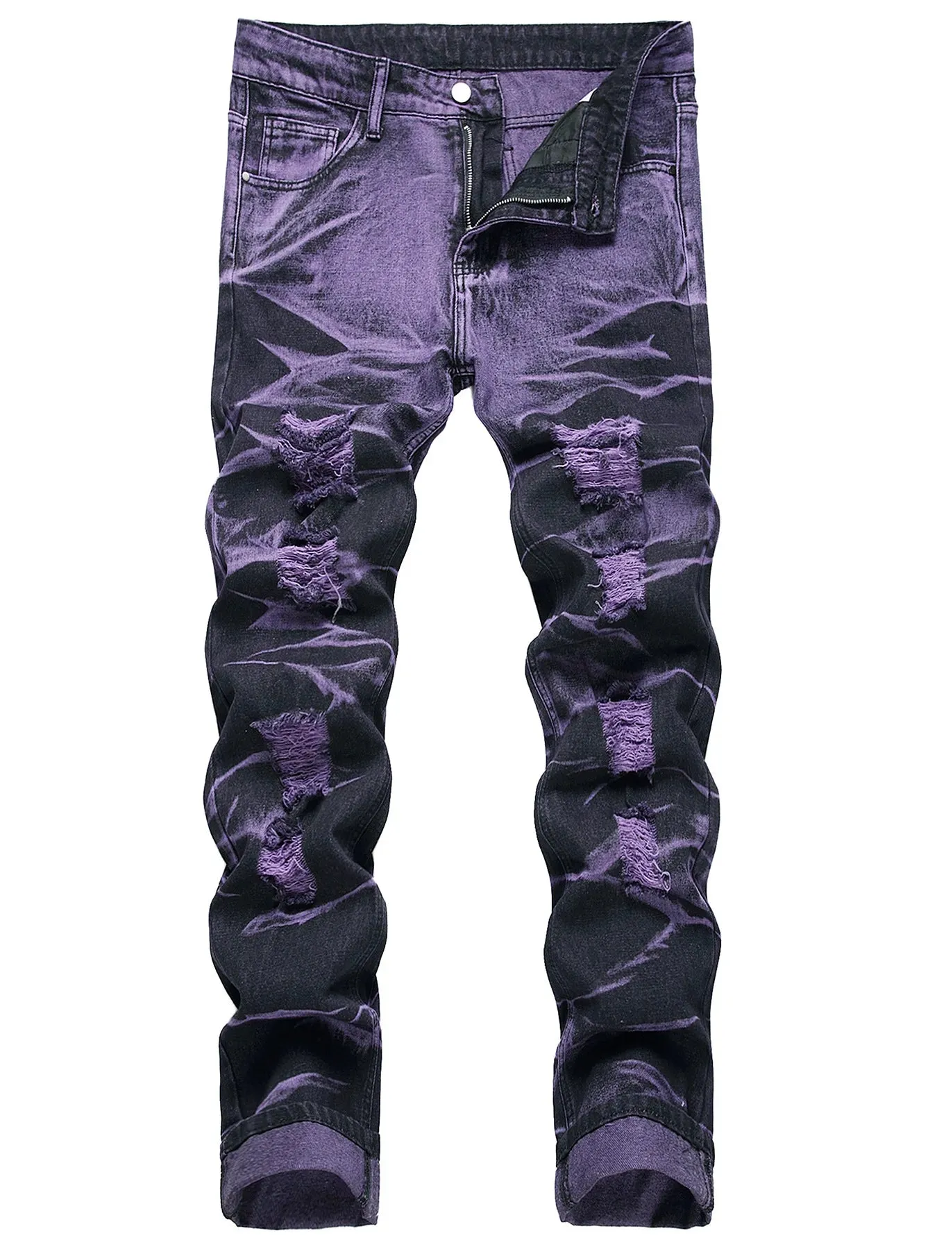 High Street Ripped Jeans for Men Four Seasons Casual Denim Pants Personalized Purple Black Straight Jeans Fashion Youth Trousers