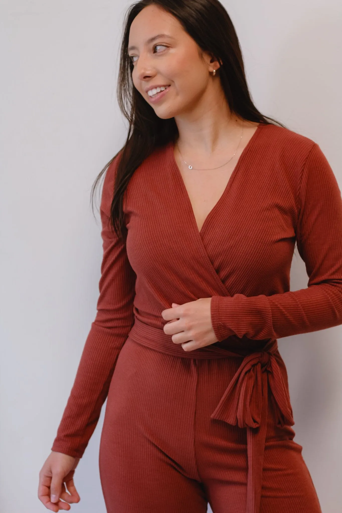 Mahogany Surplice Rib Jumpsuit