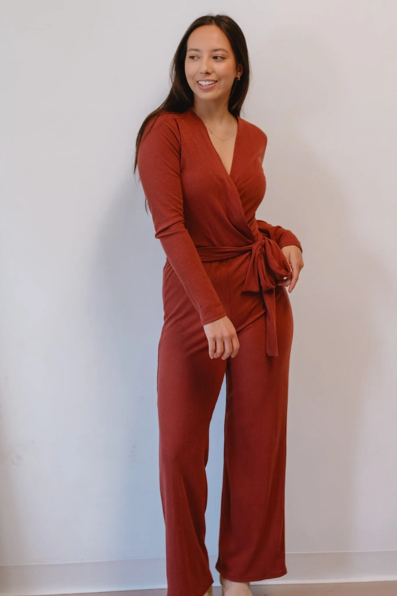 Mahogany Surplice Rib Jumpsuit