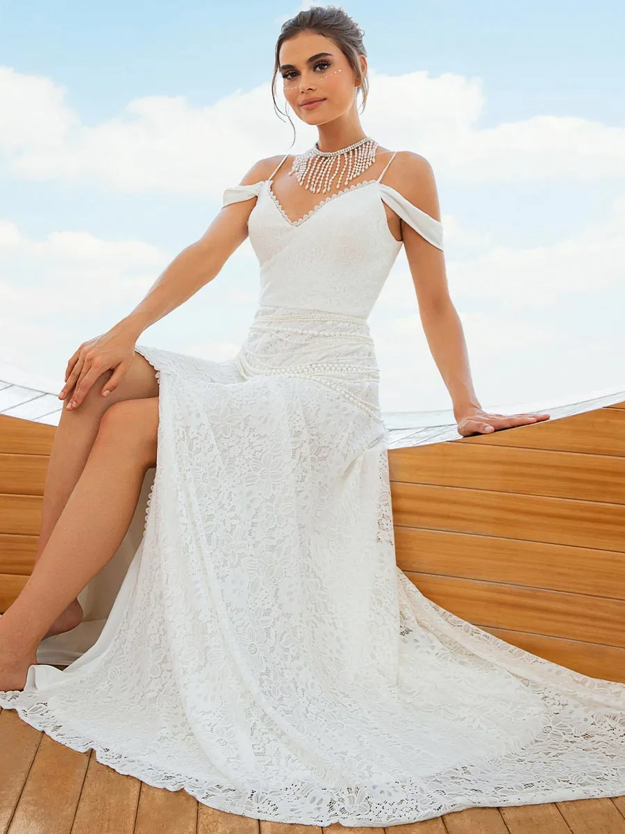 Off The Shoulder V Neck Wedding Dress Lace Pearl A Line