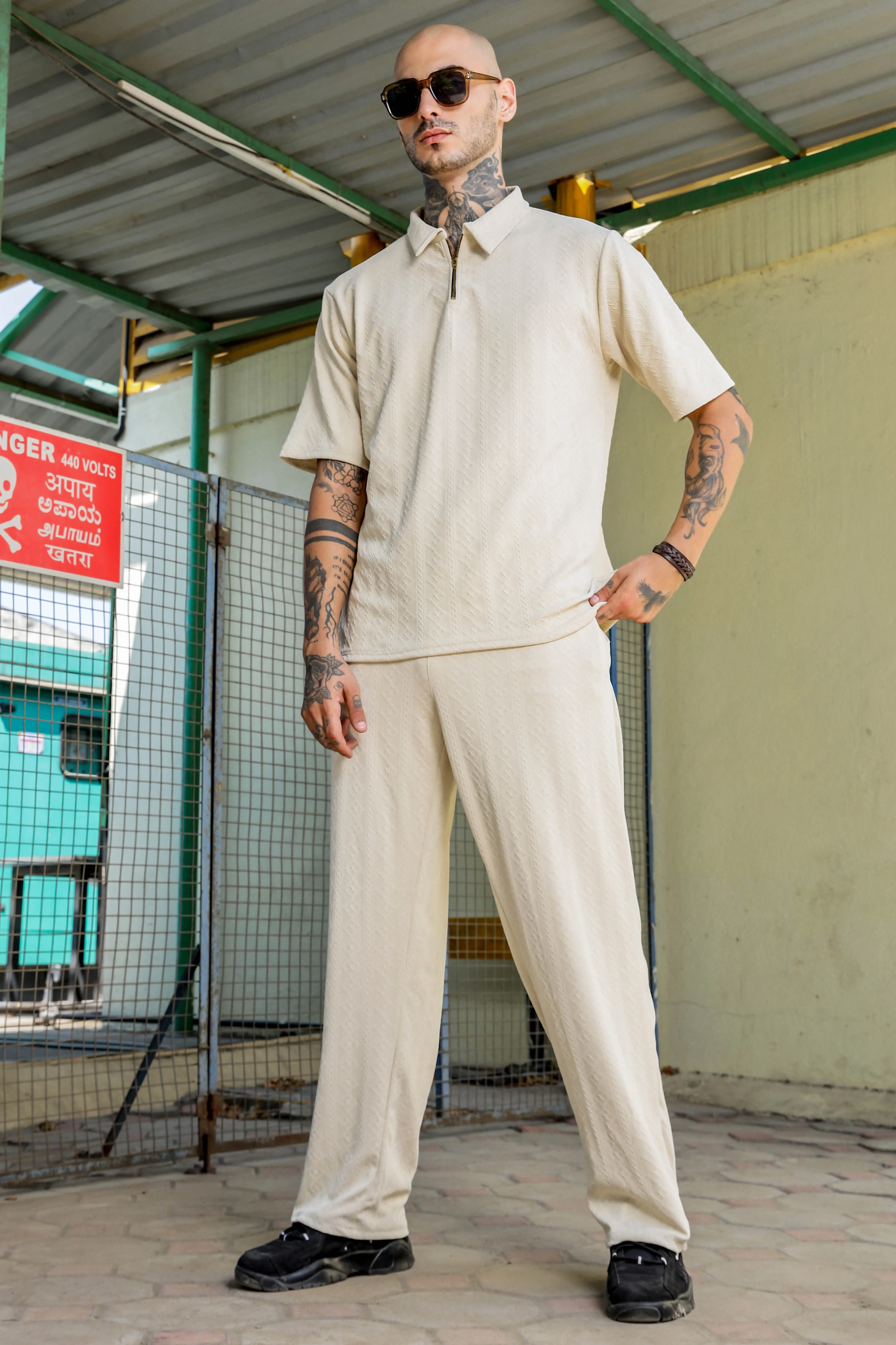 Off White Textured Relaxed-Fit Mid-Rise Track Pant