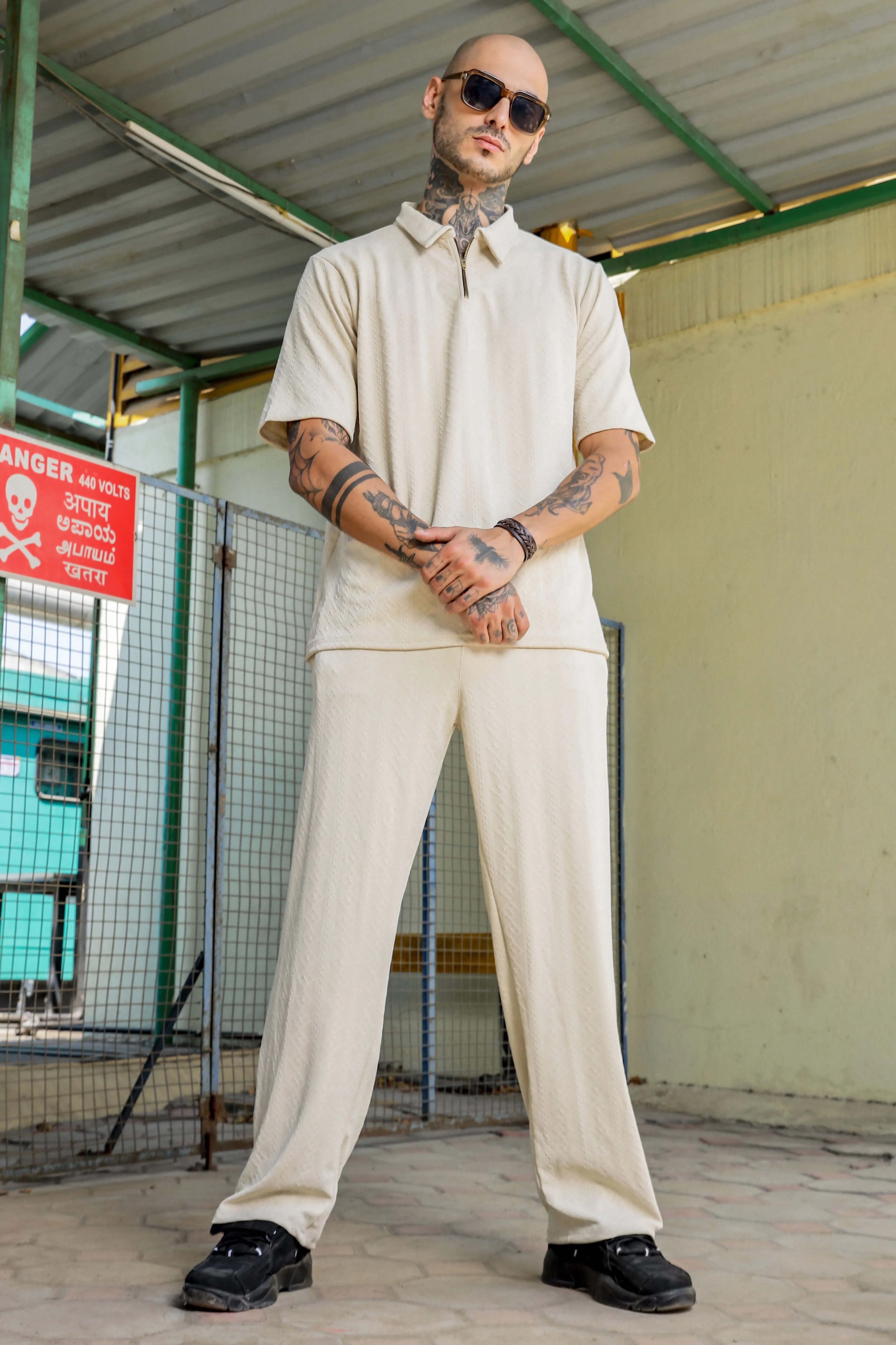Off White Textured Relaxed-Fit Mid-Rise Track Pant
