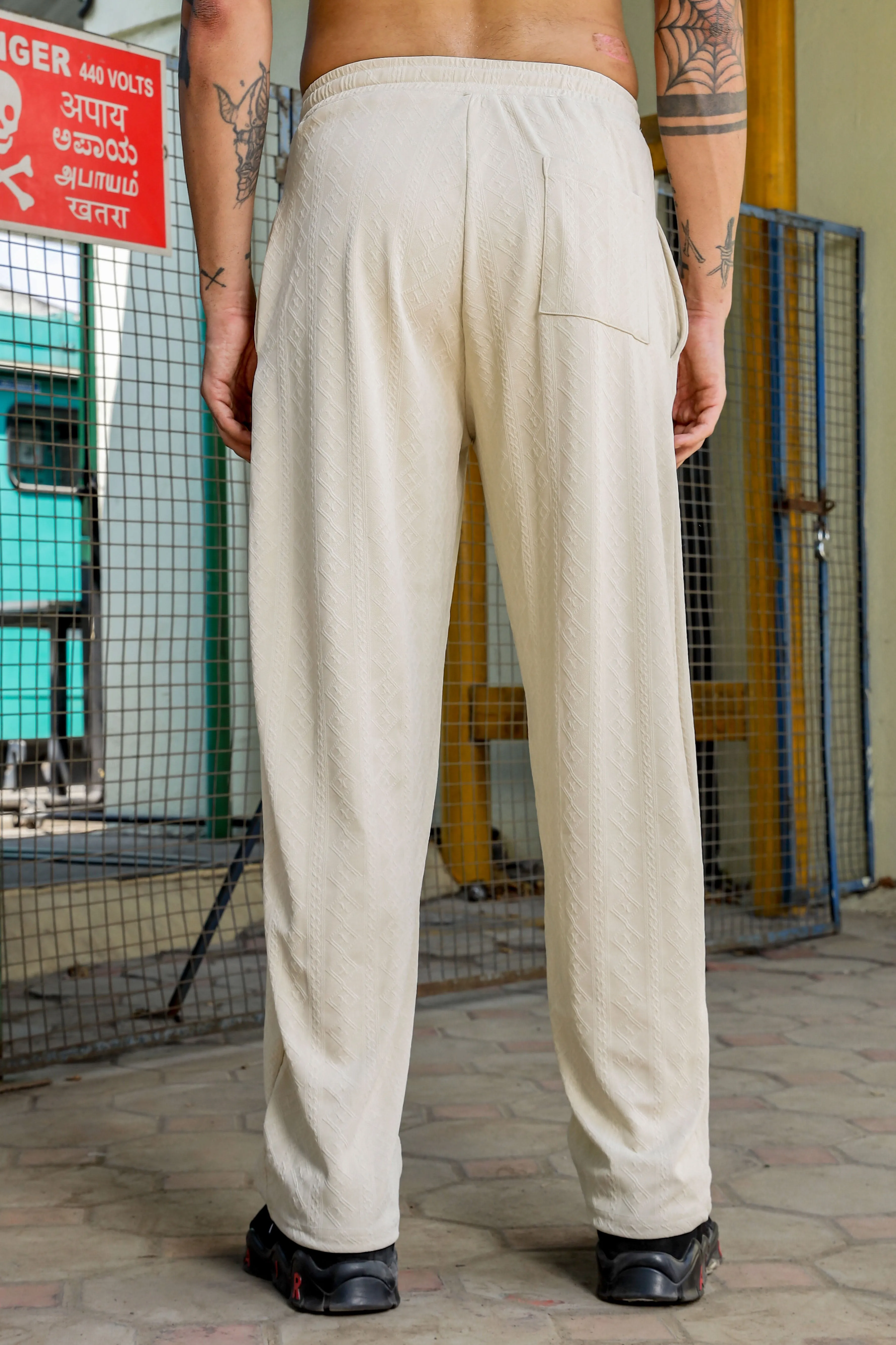 Off White Textured Relaxed-Fit Mid-Rise Track Pant