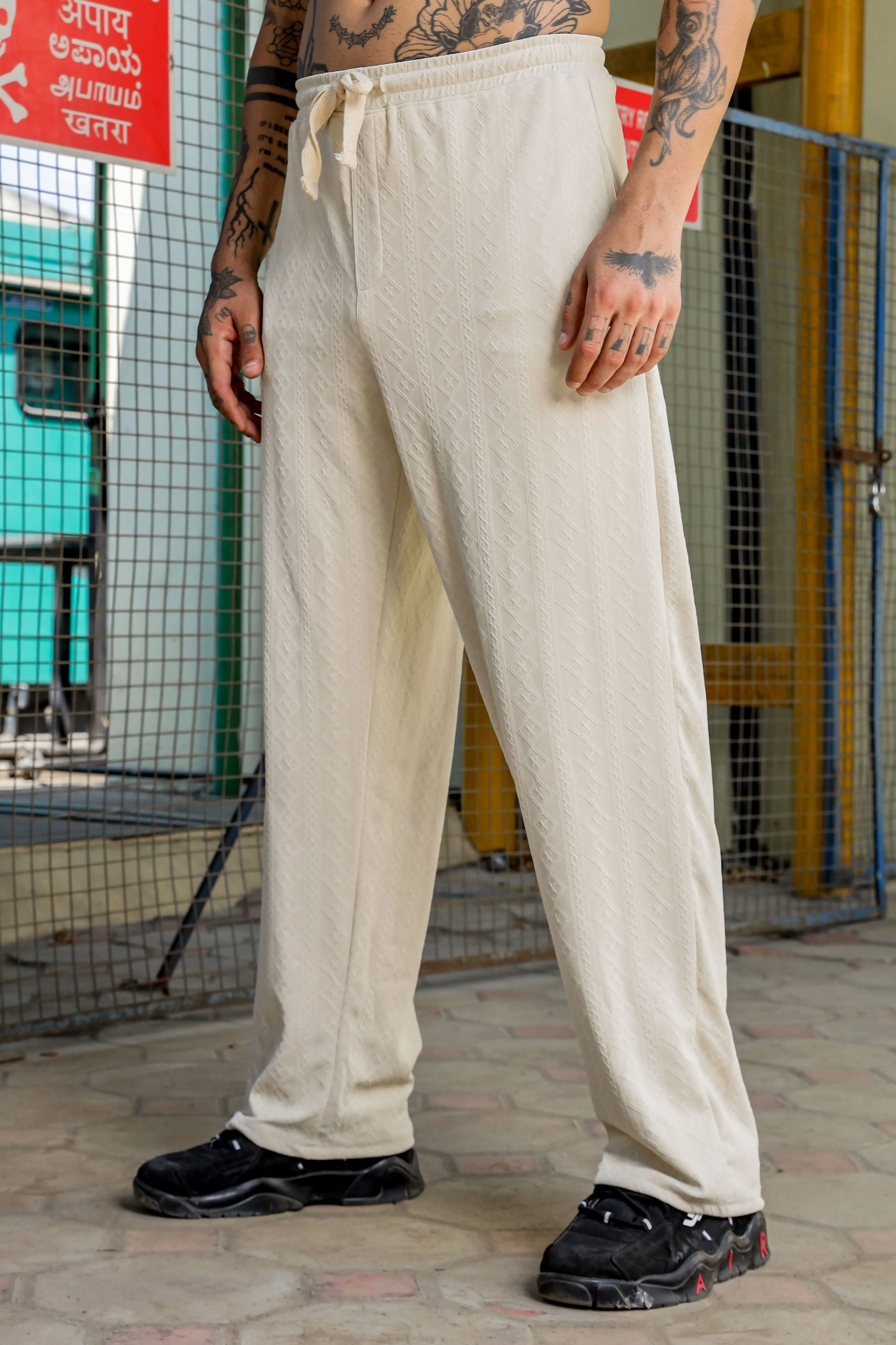 Off White Textured Relaxed-Fit Mid-Rise Track Pant