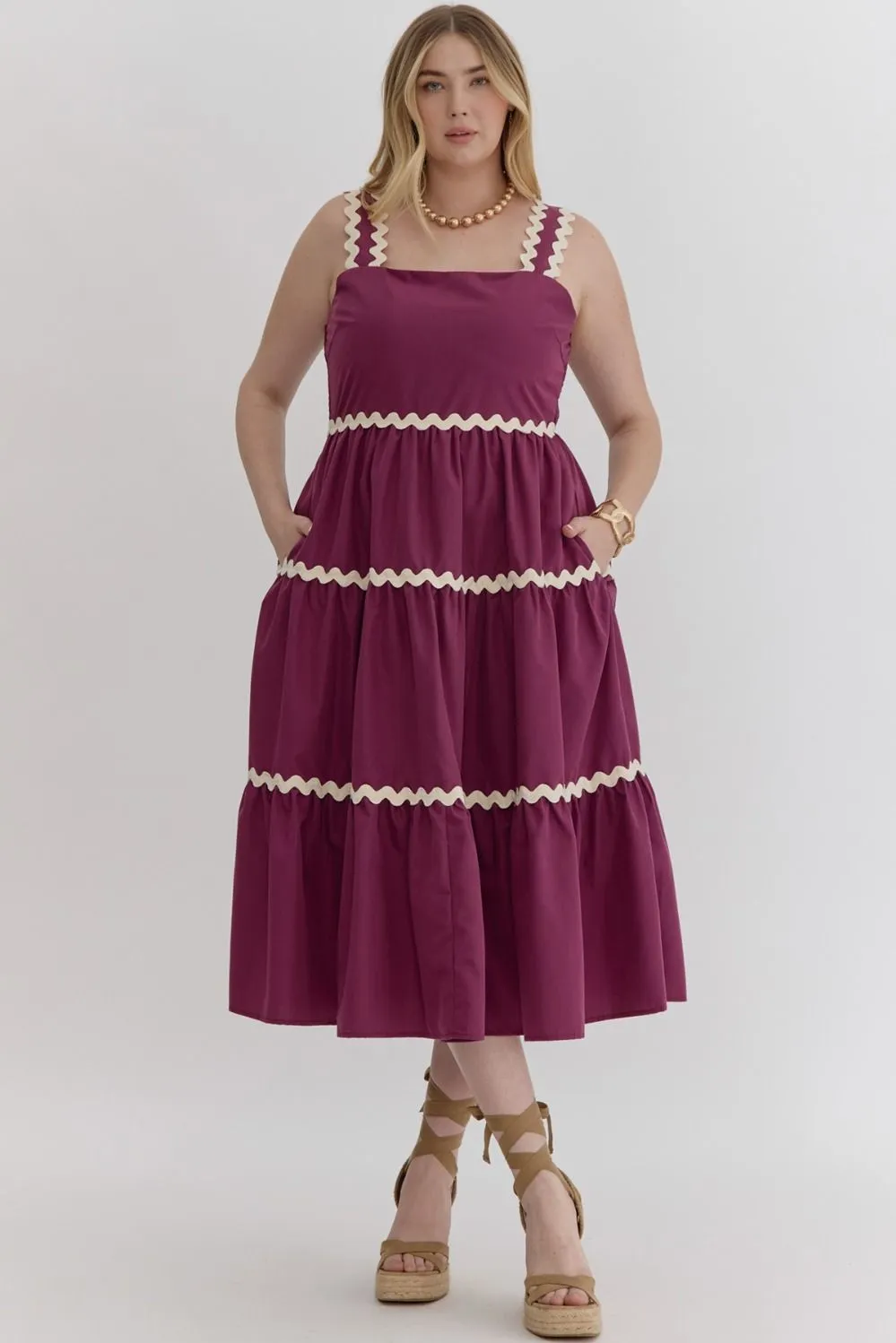 Plum Midi Dress with White Ric Rac Trim