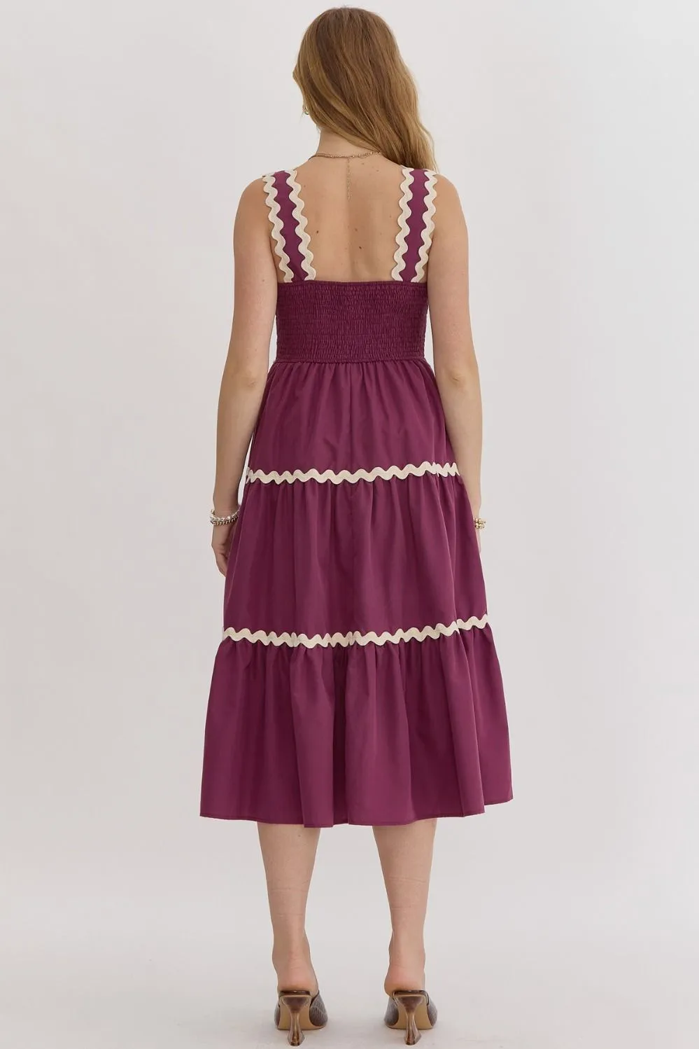 Plum Midi Dress with White Ric Rac Trim