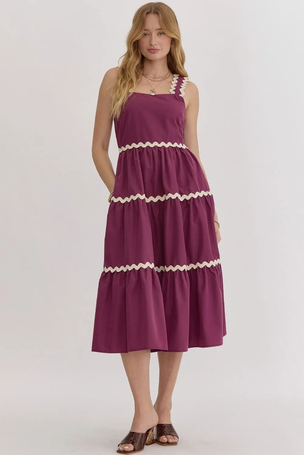 Plum Midi Dress with White Ric Rac Trim