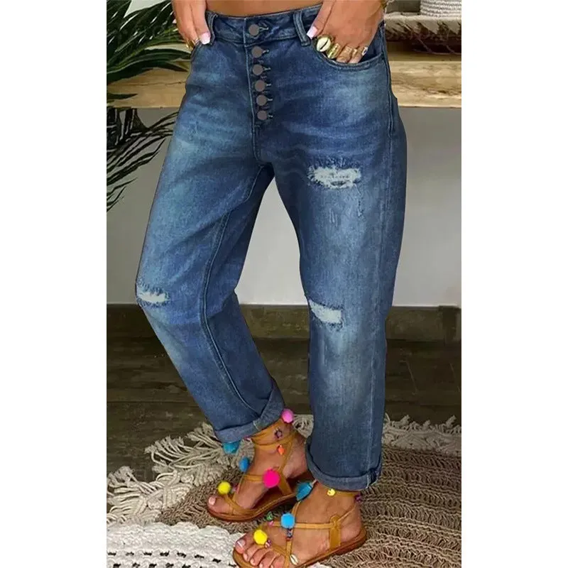 Ripped Jeans Women Spring Autumn Low Waist Loose Slimming Straight Jeans