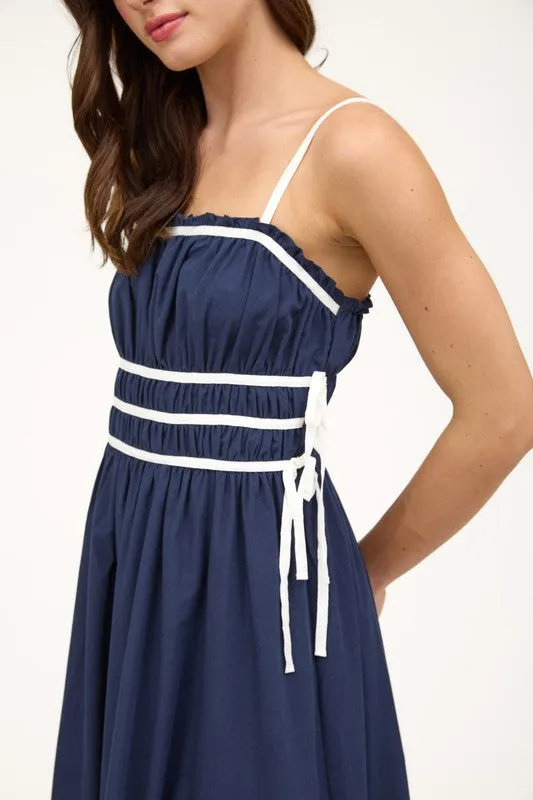 RUCHED CONTRAST DETAIL SPAGHETTI STRAP MIDI DRESS