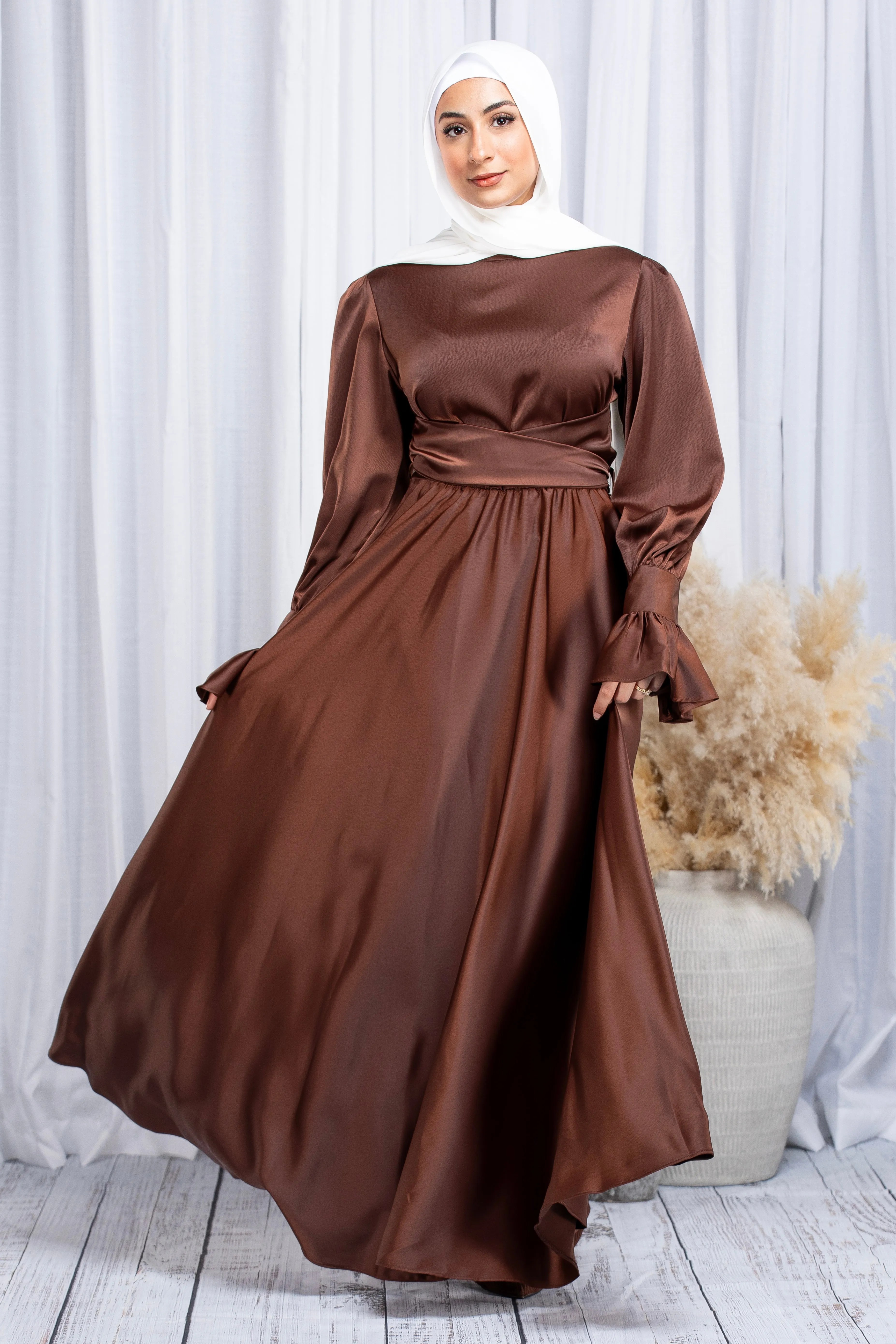 Sabrina Wrap Satin Gown - Deep Coffee