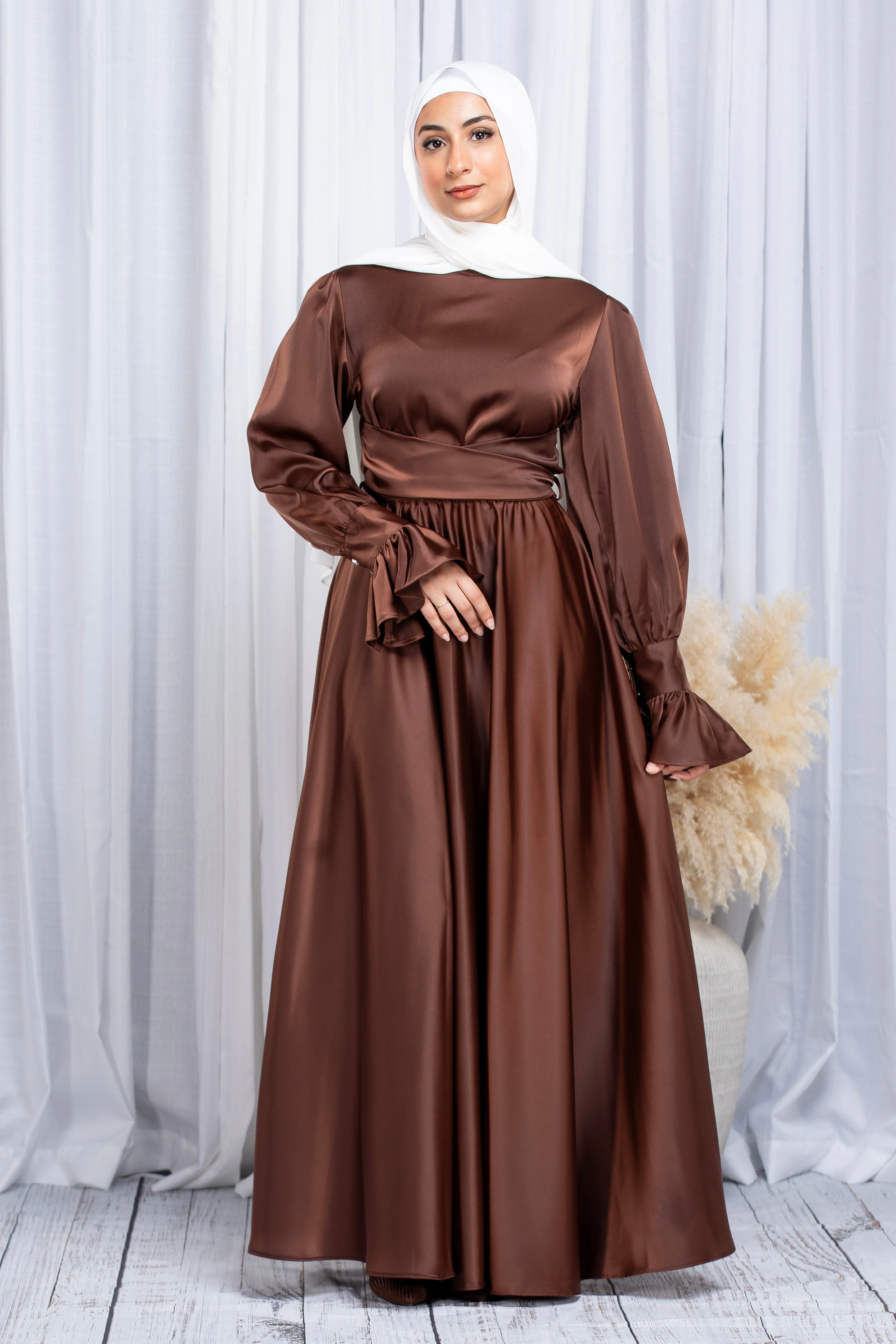 Sabrina Wrap Satin Gown - Deep Coffee