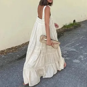 UAKISS  -  Casual Sleeveless Suspender Pleated Maxi Dress Women Chic Solid High Waist Dress Ladies Elegant A-line Loose Party Dresses