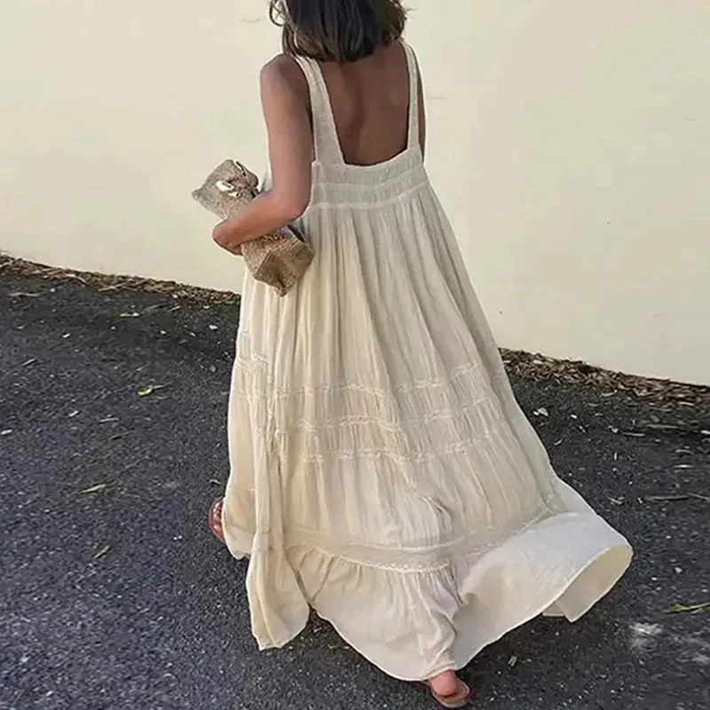 UAKISS  -  Casual Sleeveless Suspender Pleated Maxi Dress Women Chic Solid High Waist Dress Ladies Elegant A-line Loose Party Dresses