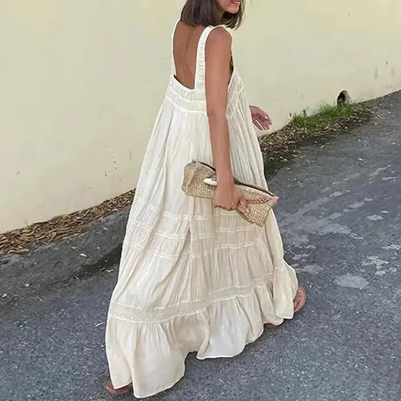 UAKISS  -  Casual Sleeveless Suspender Pleated Maxi Dress Women Chic Solid High Waist Dress Ladies Elegant A-line Loose Party Dresses